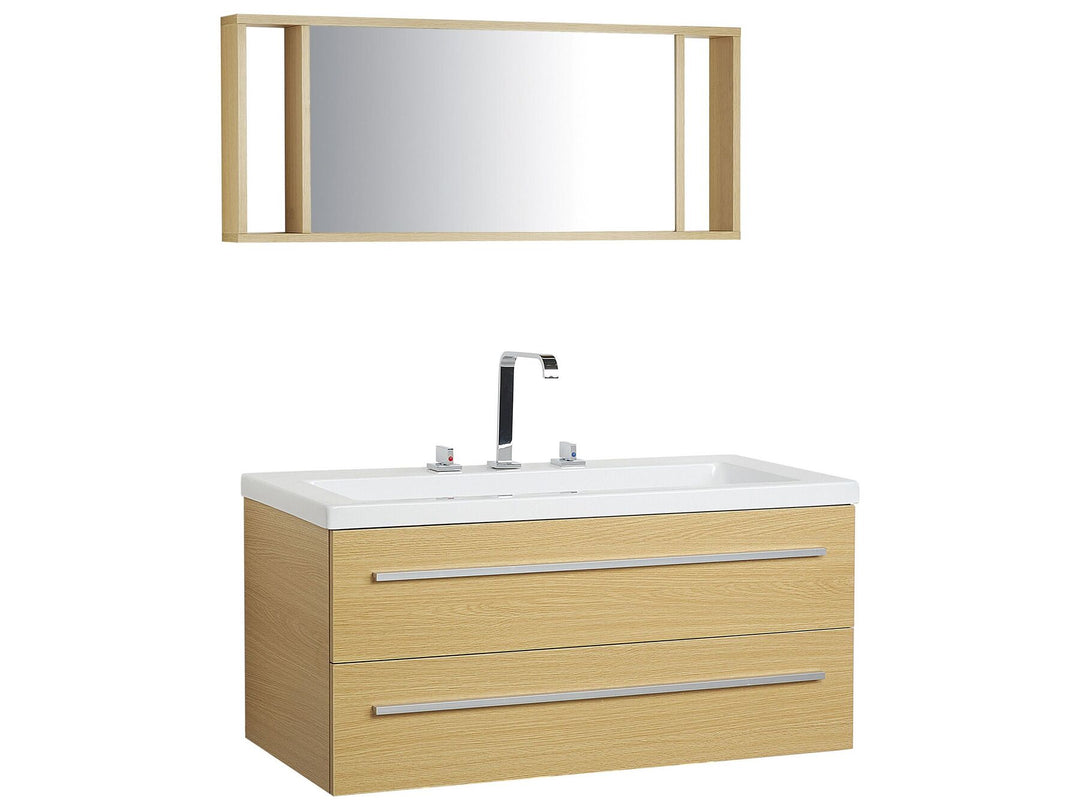 Bathroom vanity with mirror on a white background