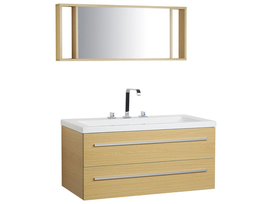Bathroom vanity with mirror on a white background