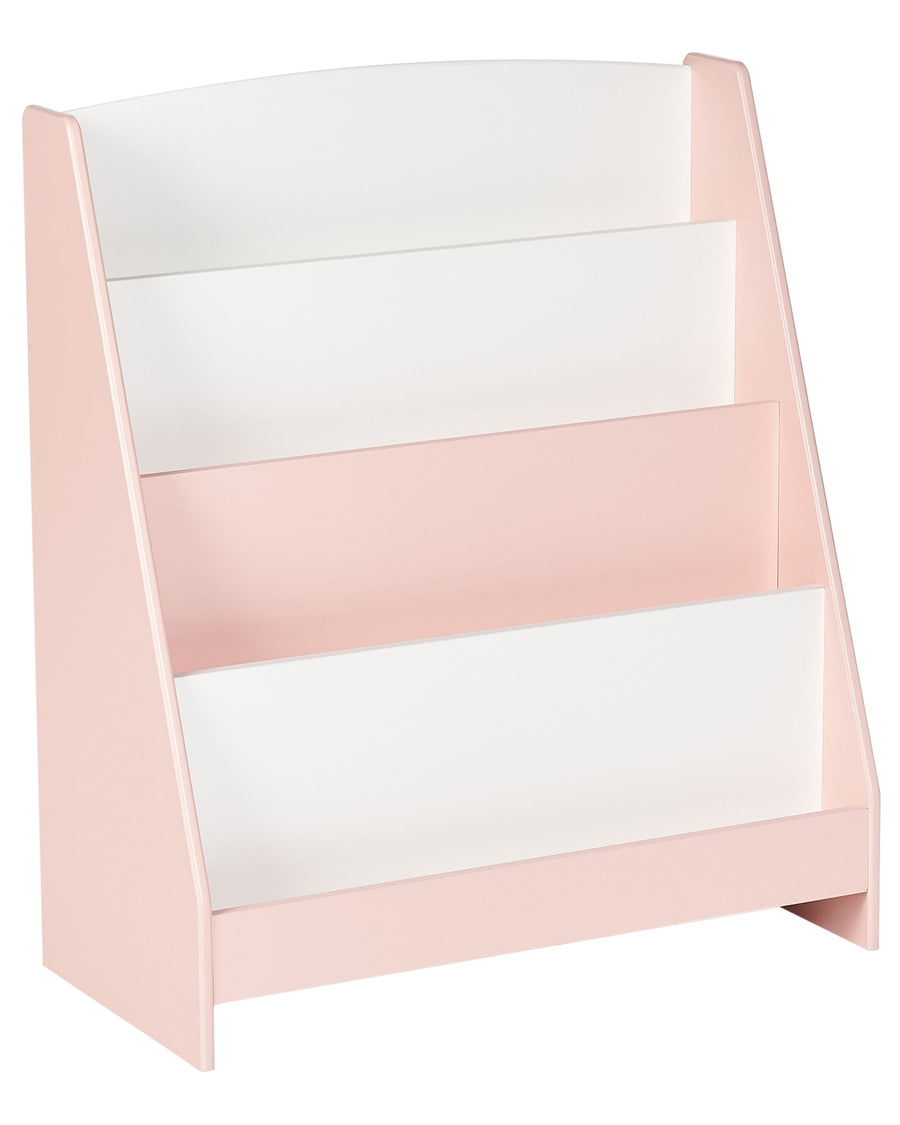 Pink and white bookshelf on a white background