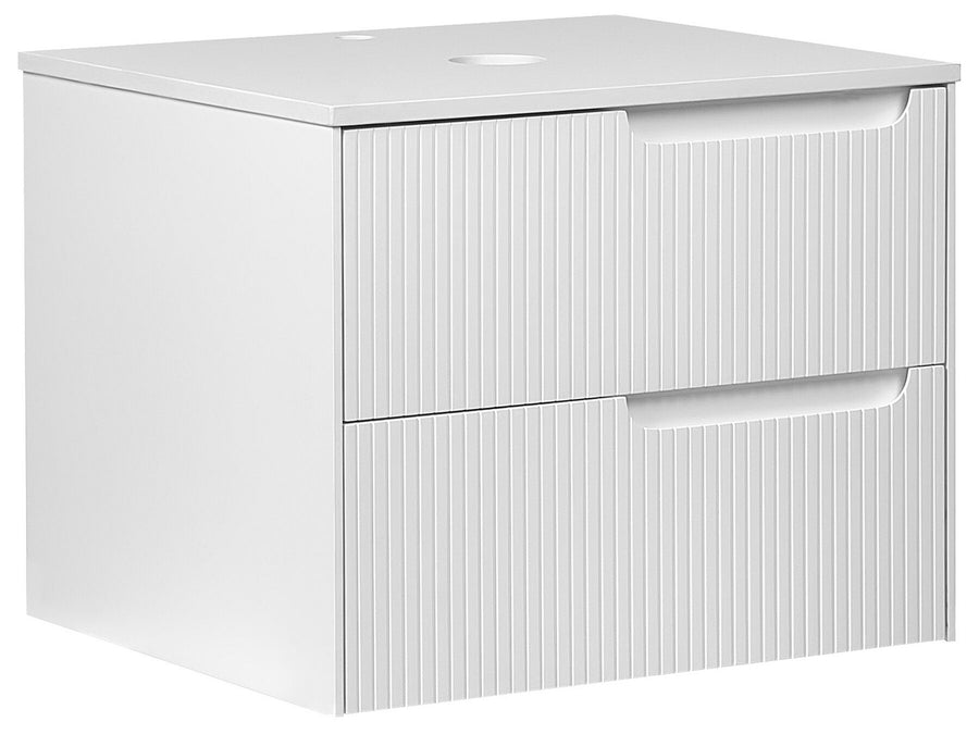 White bathroom vanity with two drawers on a white background