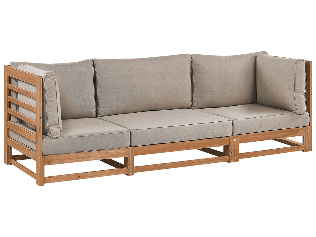 Wooden outdoor sofa with beige cushions on a white background