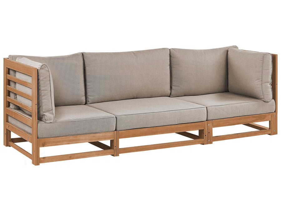 Wooden outdoor sofa with beige cushions on a white background