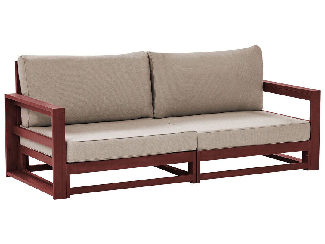 Beige cushioned sofa with wooden frame on a white background