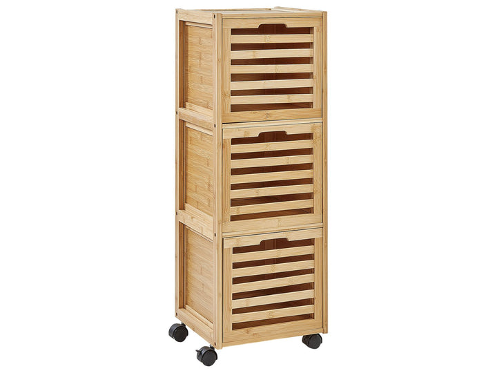 Wooden storage tower with multiple compartments on wheels against a white background