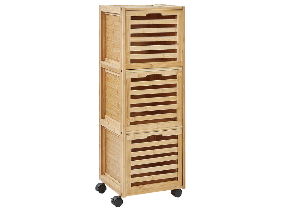 Wooden storage tower with multiple compartments on wheels against a white background