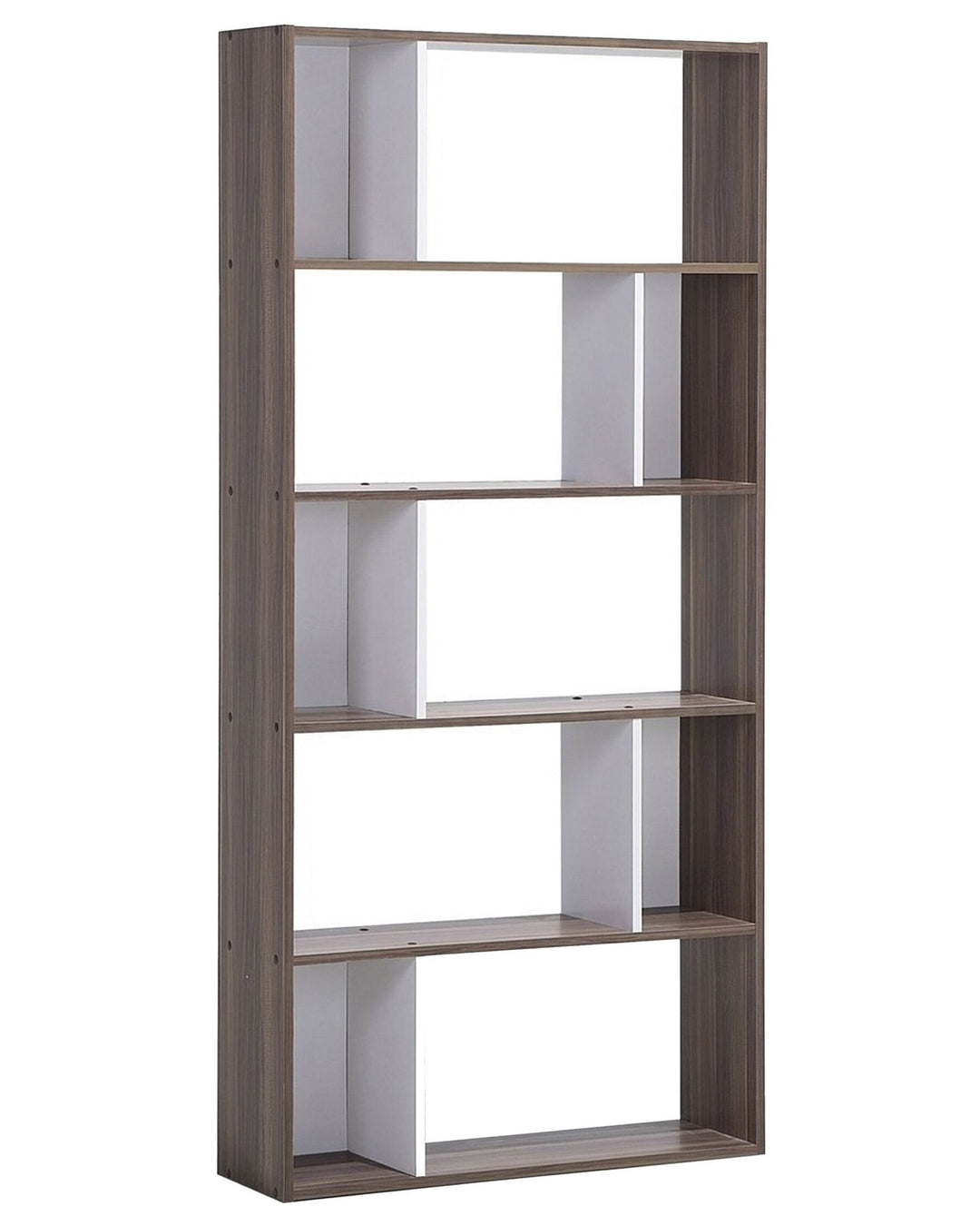 Wooden bookshelf with five shelves on a white background