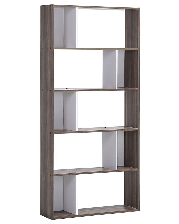 Wooden bookshelf with five shelves on a white background