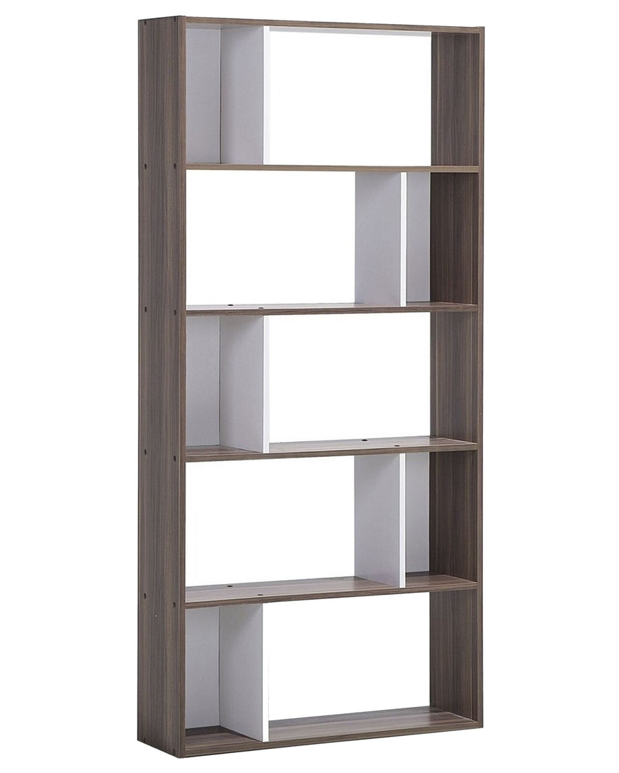 Wooden bookshelf with five shelves on a white background