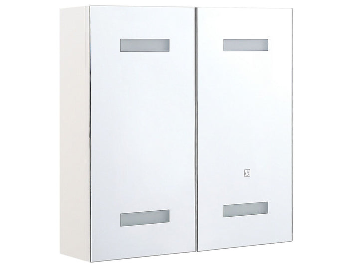 White cabinet with glass panels on a white background