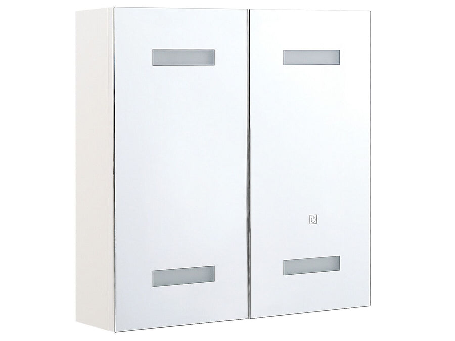White cabinet with glass panels on a white background