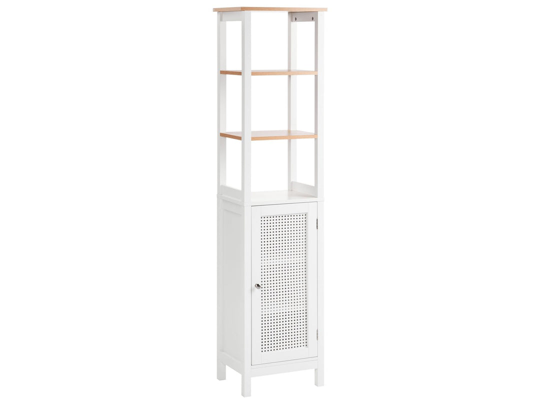 White tall cabinet with mesh door and wooden shelves on a white background
