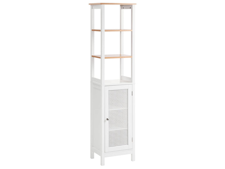White tall cabinet with mesh door and wooden shelves on a white background