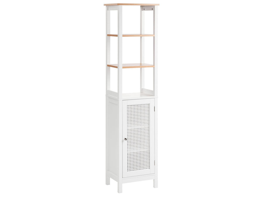 White tall cabinet with mesh door and wooden shelves on a white background