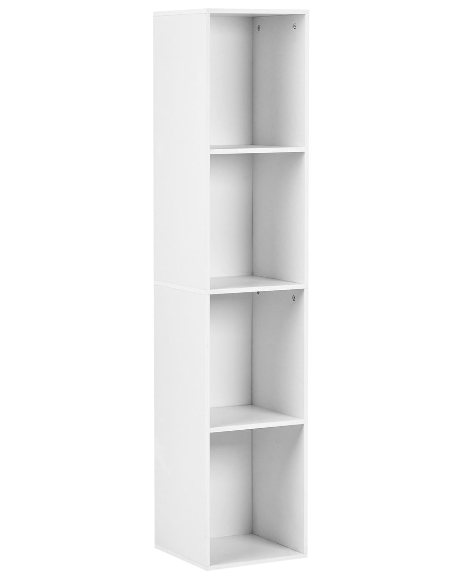 White bookshelf with five shelves on a white background