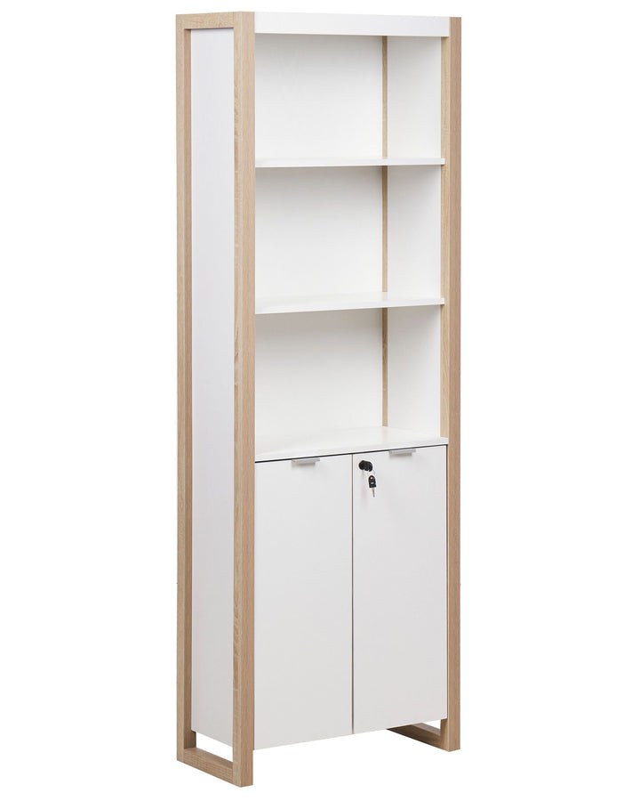 Tall white bookshelf with wooden frame on a white background