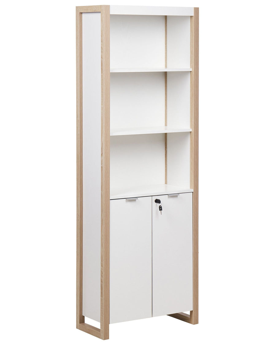 Tall white bookshelf with wooden frame on a white background