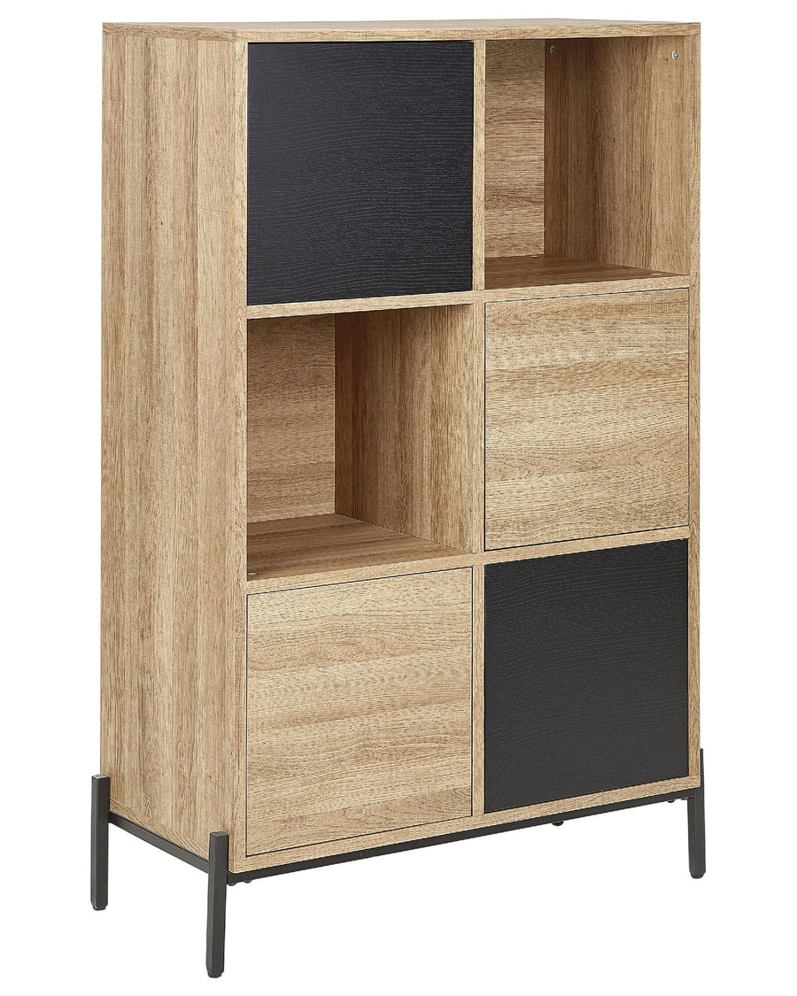 Wooden bookshelf with black panels on a white background