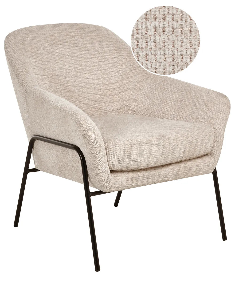 Beige armchair with black metal legs on a white background