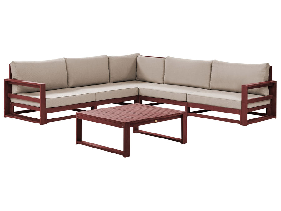 Sectional outdoor sofa with beige cushions and a wooden coffee table on a white background