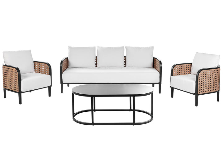 Outdoor furniture set with a sofa, two chairs, and a table on a white background