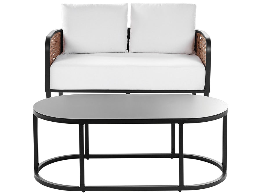 Modern outdoor furniture set with a sofa and round table on a white background