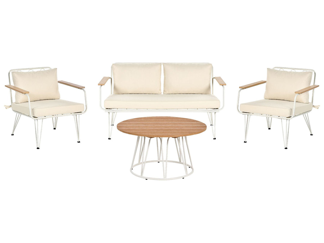 Outdoor furniture set with two chairs, a sofa, and a round table on a white background