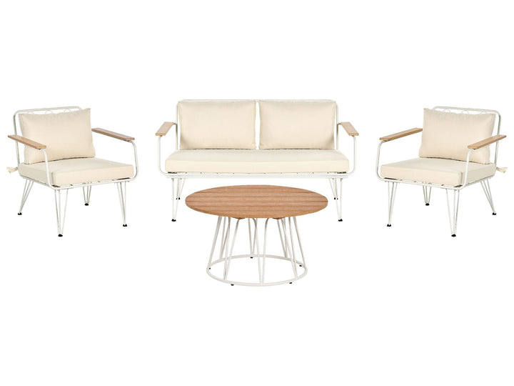 Outdoor furniture set with two chairs, a sofa, and a round table on a white background