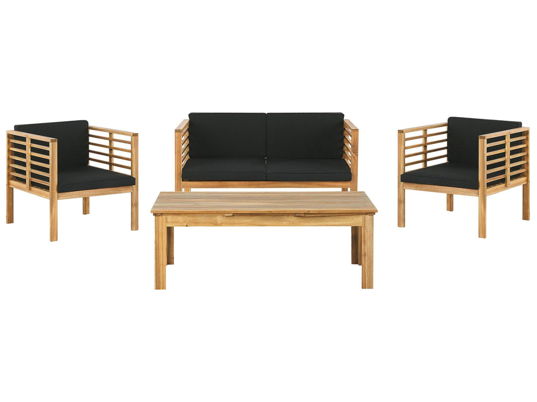 Outdoor furniture set with wooden frames and black cushions on a white background
