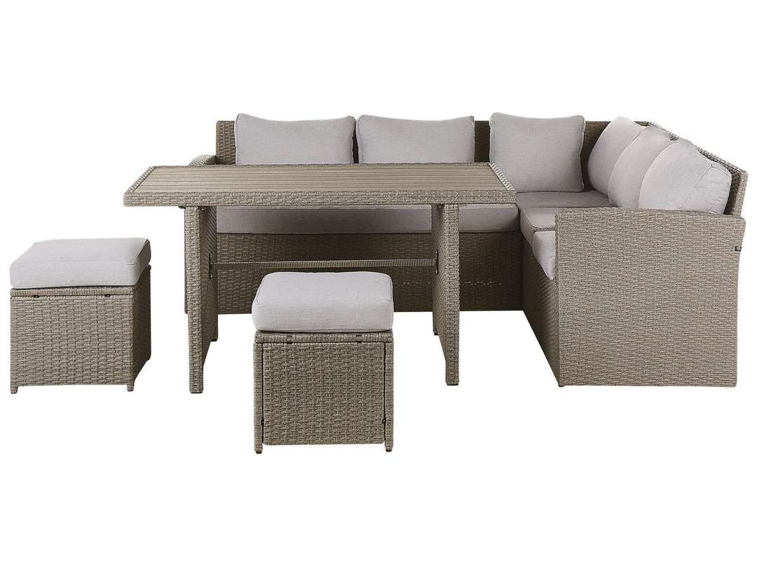 Outdoor furniture set with a sectional sofa and two ottomans on a white background