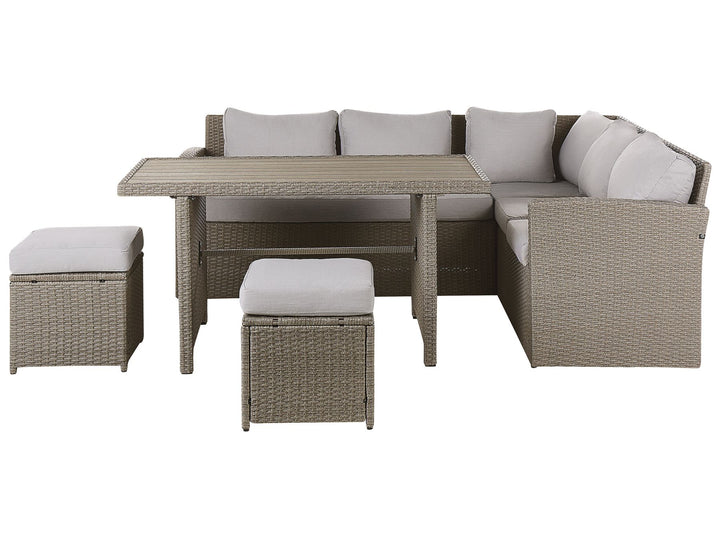 Outdoor furniture set with a sectional sofa and two ottomans on a white background