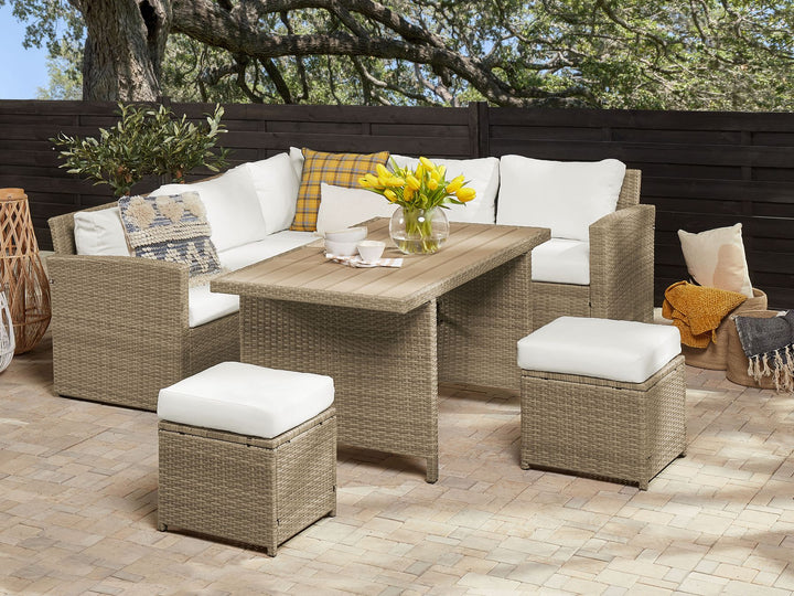 Bardi Garden Lounge Set with Table and Ottoman 5 Seater with Cushions PE Rattan Brown