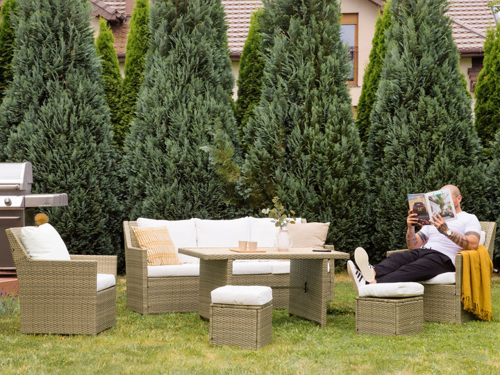 Fonti Garden Lounge Set with Table and Ottoman 5 Seater with Cushions PE Rattan Brown
