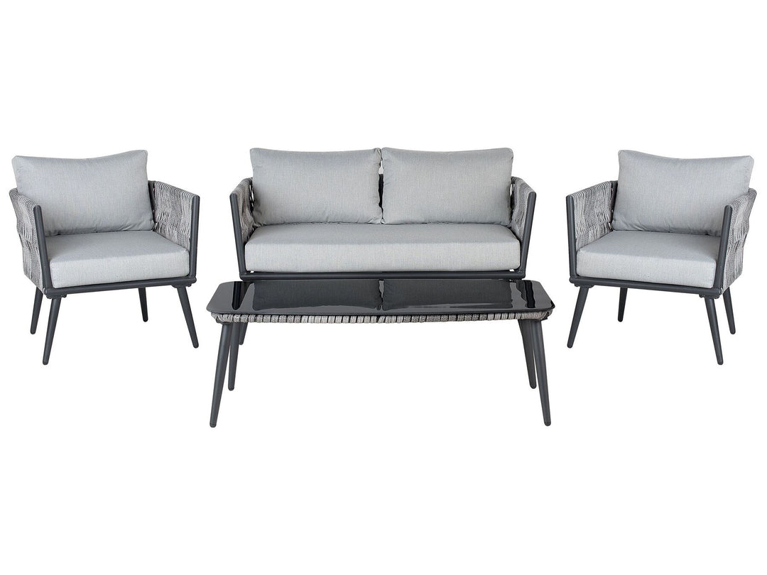 Outdoor furniture set with a sofa, two chairs, and a coffee table on a white background