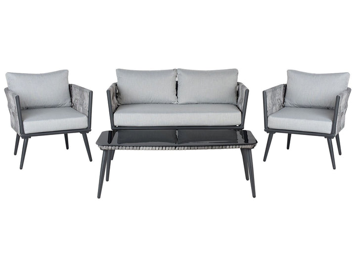 Outdoor furniture set with a sofa, two chairs, and a coffee table on a white background