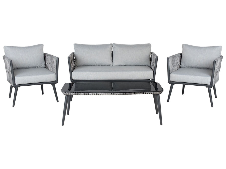 Outdoor furniture set with a sofa, two chairs, and a coffee table on a white background