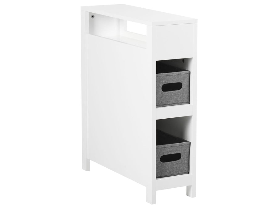 White storage unit with gray baskets on a white background