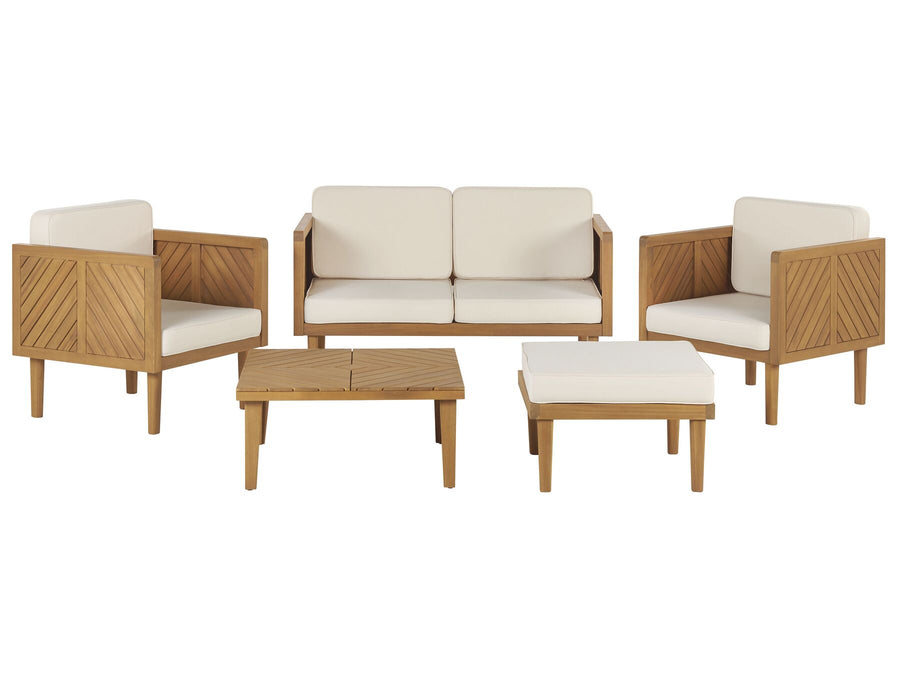 Outdoor furniture set with wooden frames and white cushions on a white background