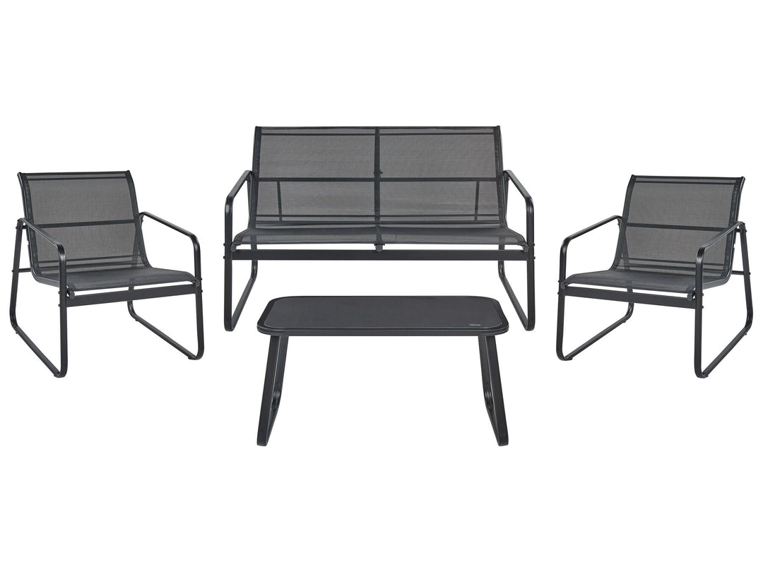 Outdoor furniture set with two chairs and a bench on a white background