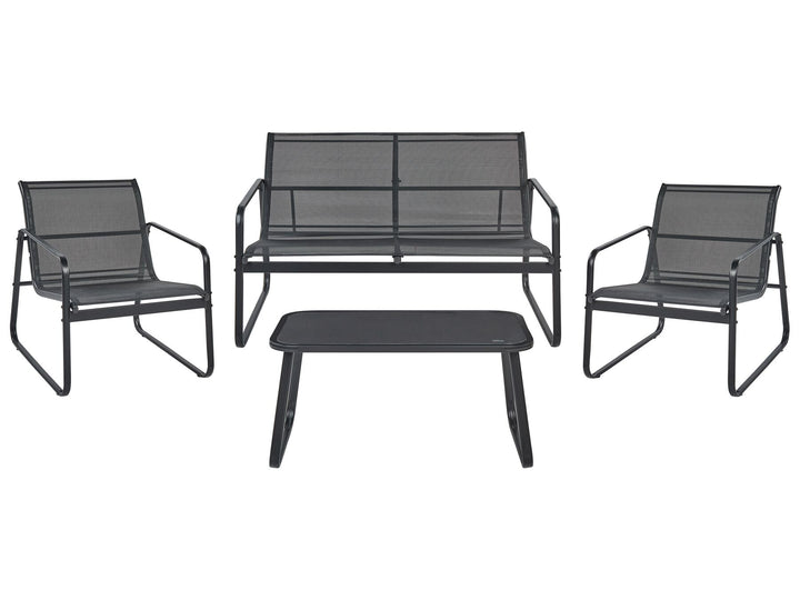 Outdoor furniture set with two chairs and a bench on a white background