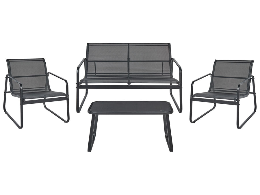 Outdoor furniture set with two chairs and a bench on a white background