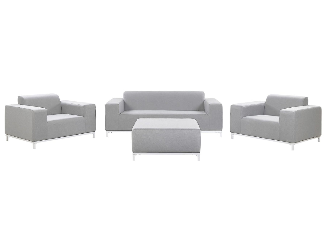 Gray sofa set with two armchairs and a ottoman on a white background