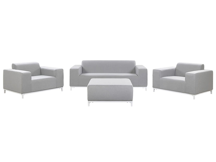 Gray sofa set with two armchairs and a ottoman on a white background