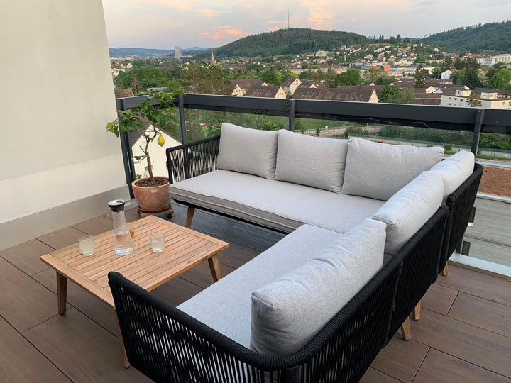 Alcamo Garden Corner Sofa with Table 5 Seater Left Hand Acacia Wood Black
