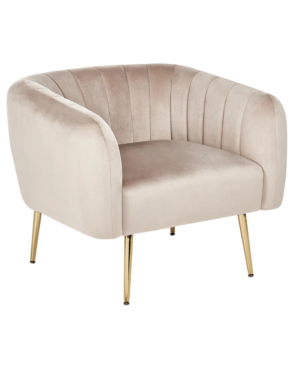 Beige armchair with gold legs on a white background