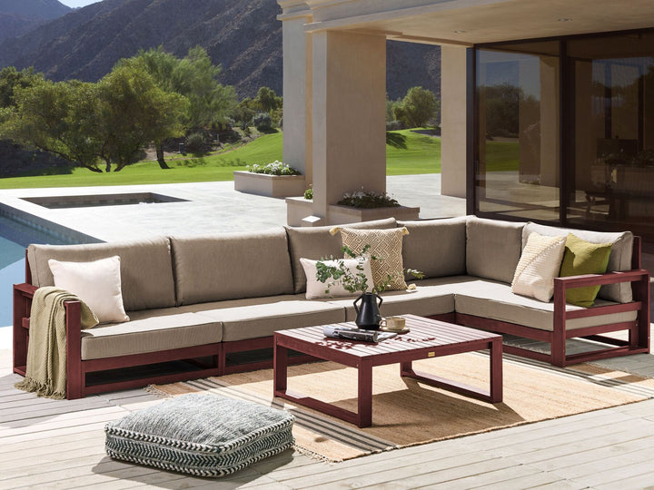 Timor Garden Corner Sofa with Table 5 Seater Modular Acacia Wood Dark Red Grey Beige
