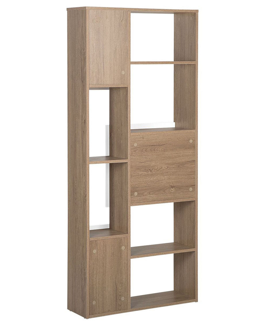 Wooden bookshelf with multiple shelves on a white background