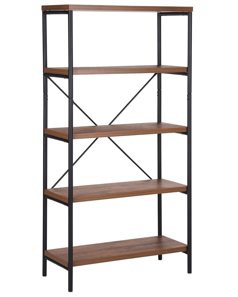 Bookshelf with wooden shelves and black metal frame on a white background