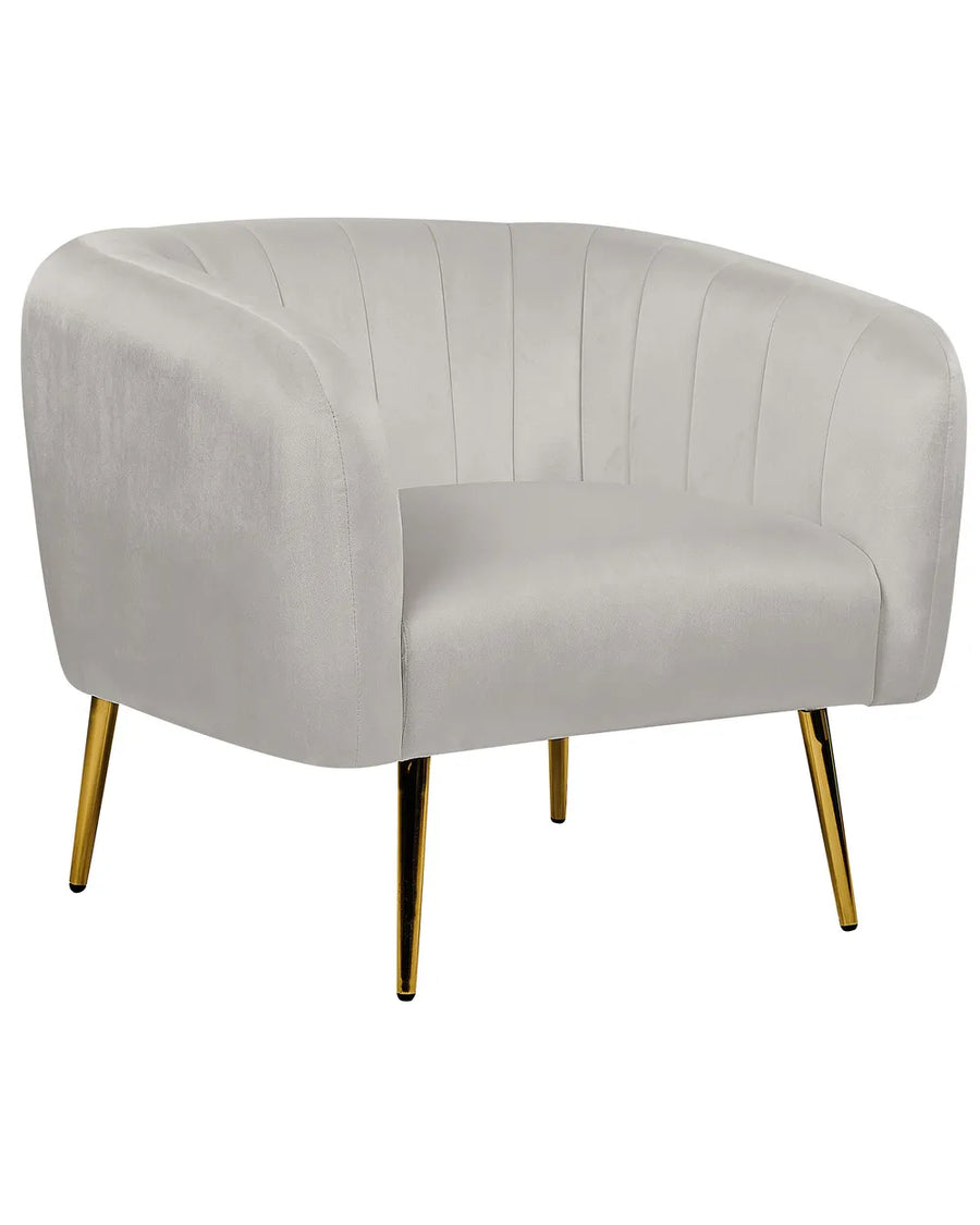 Gray armchair with gold legs on a white background