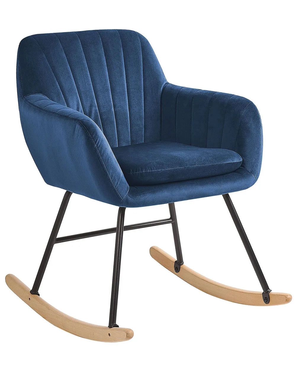 Blue upholstered rocking chair with black metal legs and wooden rocking base on a white background