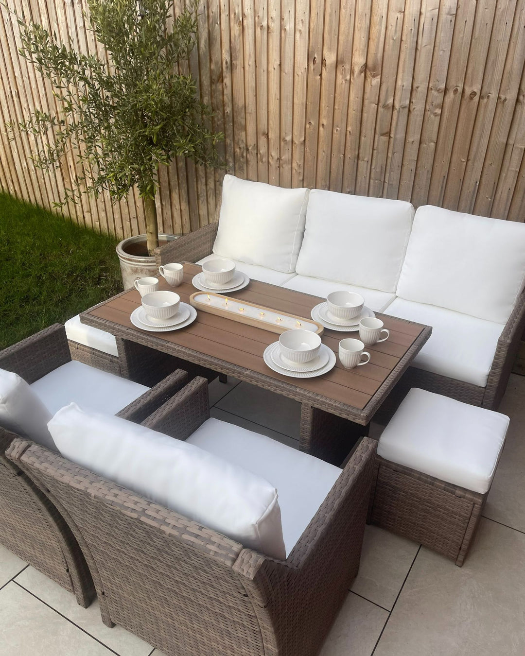 Fonti Garden Lounge Set with Table and Ottoman 5 Seater with Cushions PE Rattan Brown